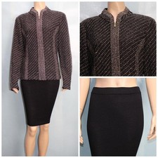 ST JOHN Evening Knit Black White Jacket Skirt L 10 12 2pc Suit Silver Shimmer