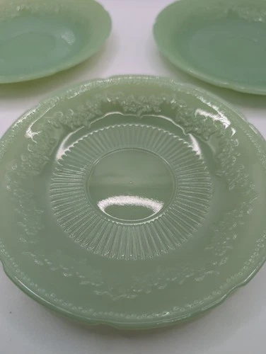 3 X Vintage Jadeite Fire King Green Milk Glass Plate Floral Alice Pattern 6"