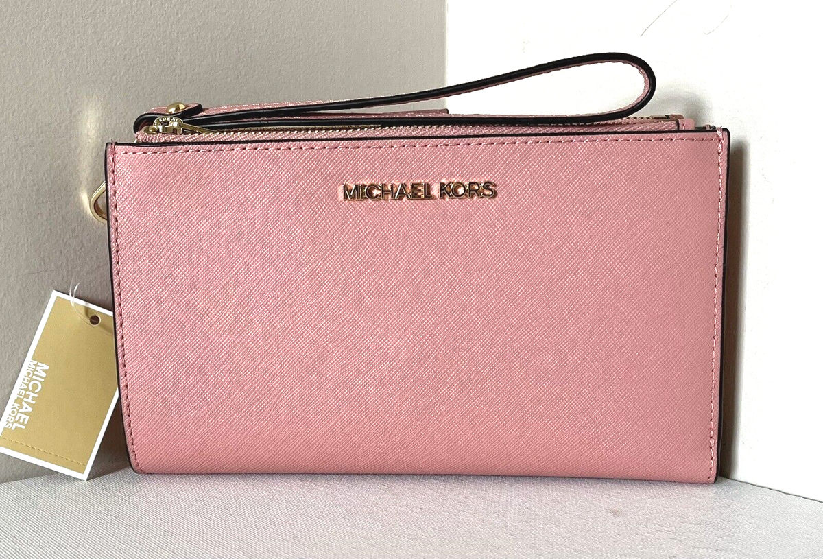 New Michael Kors Jet Set Travel Double Zip Wristlet Wallet Leather