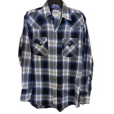 Vintage Ely Cattleman Mens Blue Black Plaid Western Pearl Snap Shirt Medium