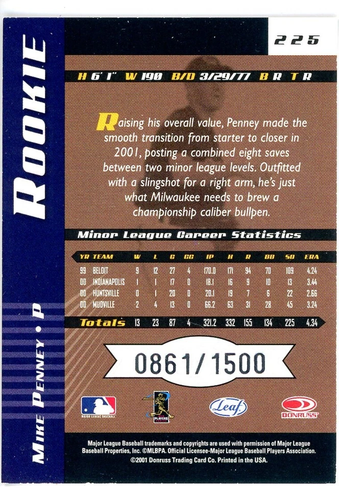2001 Leaf Limited - Mike Penney #225 /1500 (RC) - Image 2 of 2