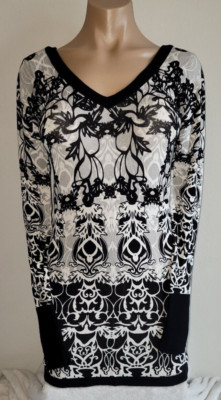 Cache XS Retro Y2K Floral Classy Chic V-neck Back Long Sleeve Tunic Blouse Top