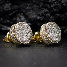 g1 Men's Gold ​Plated Round Iced 5A Cz Cluster Hip Hop Stud Screw Back Earrings
