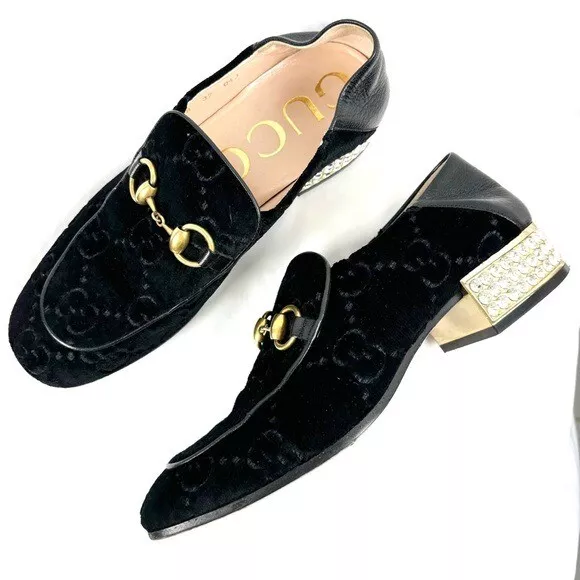 Gucci Mister Crystal Heel Horsebit Loafer Black GG Velvet Size 37 Designer