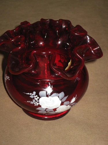 Vintage Fenton Glass Ruffled Rose Bowl Vase Red White Hand Paint Flowers Signed
