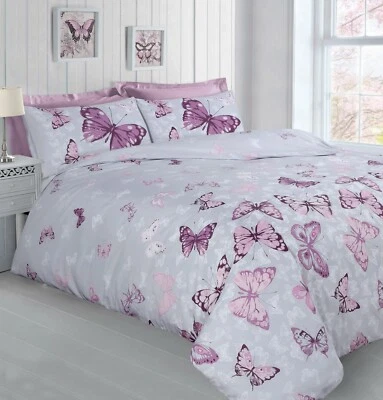 Butterfly Glaze Grey Lilac Floral Blossom Duvet Cover Bedding and Pillowcase Set