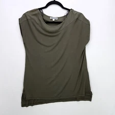 Pleione Womens Casual Top Soft Stretch Zip Off Shoulder Large Short Sleeve Green