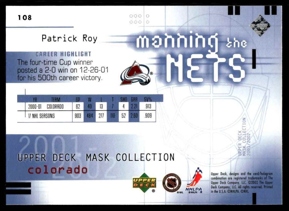 2001-02 Upper Deck Mask Collection Patrick Roy Colorado Avalanche #108 R16 - Image 2 of 2