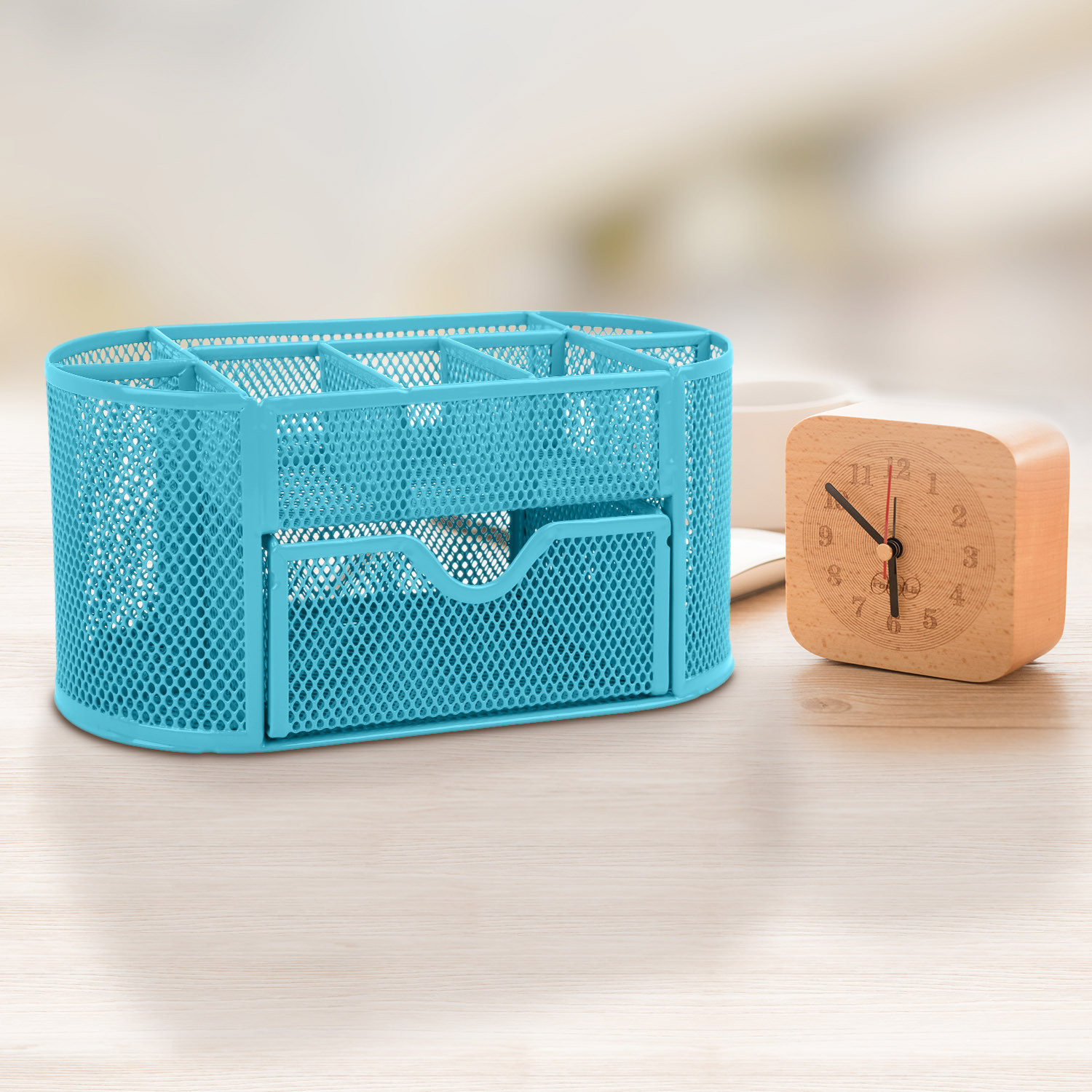 Desk Organizer Metal Mesh Office Pen Pencil Holder Storage Desktop Tray Blue