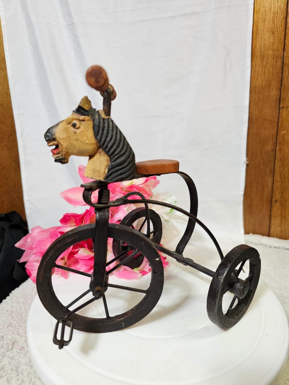 Vintage tricycle Toy Trike Bike w/ Horsehead Decor Metal & Wood Figurine 8.5tall