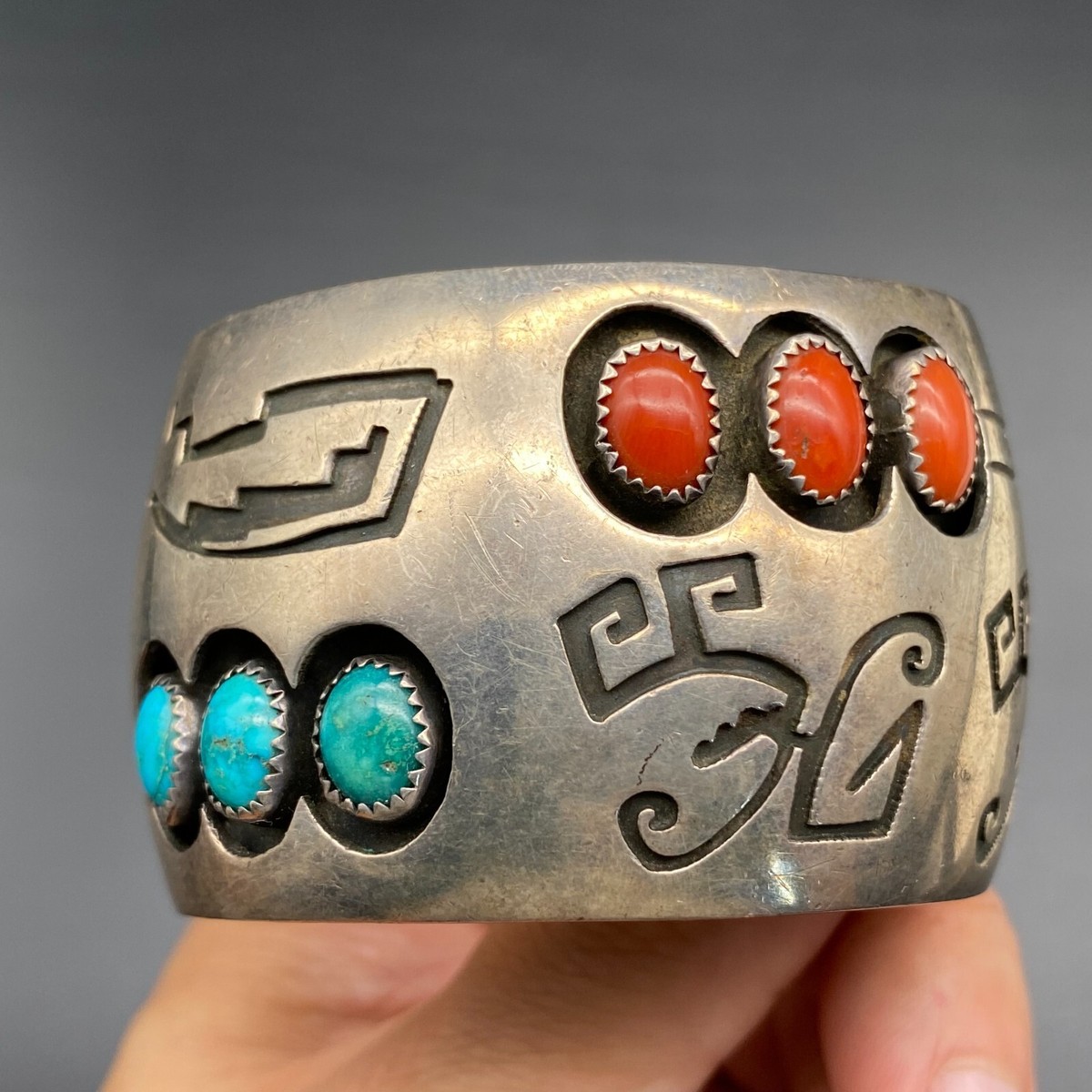 One Most Unique Shadow Native American Navajo Coral Sterling Silver Bracelet One Most Unique Shadow Native American Navajo Coral Sterling Silver Bracelet