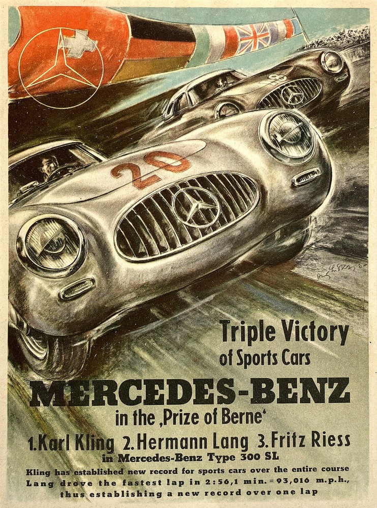 Original Vintage Mercedes Benz Poster Hans Liska Triple Victory 1952 Formula One