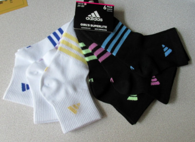 6-PK GIRLS ADIDAS AEROREADY SUPERLITE QUARTER SOCKS MEDIUM SHOE 2Y-5Y
