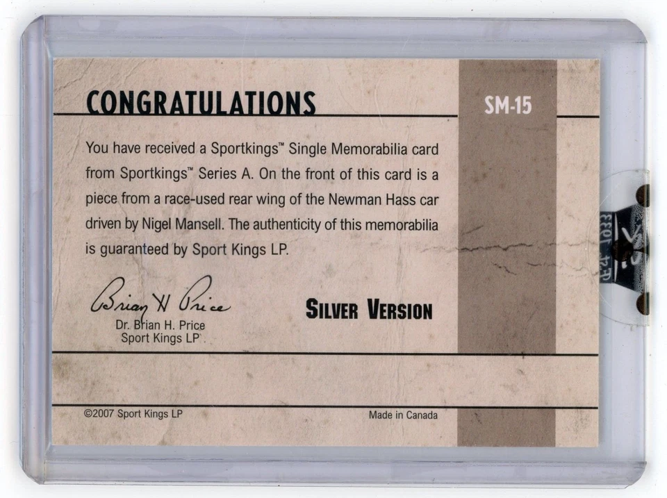 NIGEL MANSELL 2007 Sportkings F1 Silver Memorabilia Newman-Haas Wing #SM-15 JM - Image 2 of 2