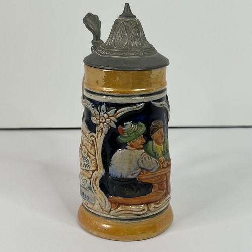 Vintage W Germany Pub Scene Hand Painted Beer Stein Pewter Lid 4x6 Hopfen Blue - Picture 5 of 13
