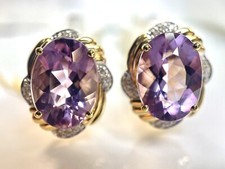14 Kt Yellow Gold Purple Amethyst And White Gem Large Oval Vintage Earrings
