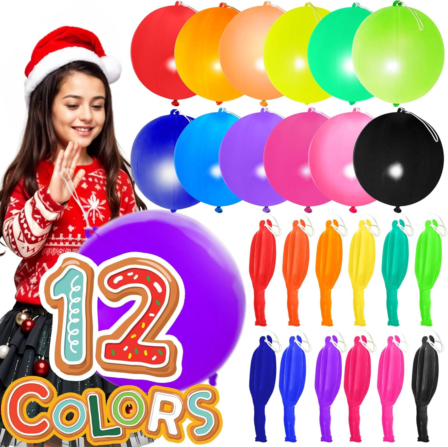 30Pcs Premium 18 Inches Heavy Duty Punch Balloons with Rubber Bands, 12 Colors,