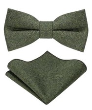 Wool Pre-tied Bow Tie and Pocket Square Set for Men Olive Green
