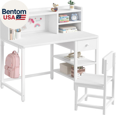 White Kids Desk and Chair Set for 6-12 Year Old, Children Study Desk with Hutch