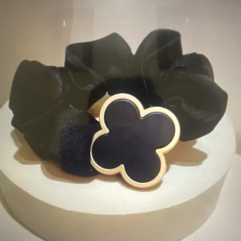 Black Fabric Elastic Hair Scrunchie w/ Gold Flower Charm, 3.5 in