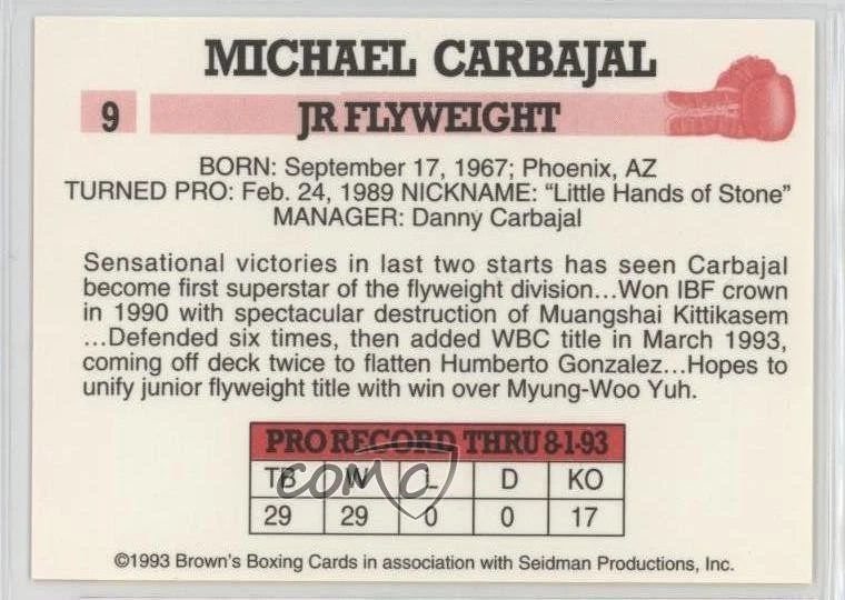 1993 Brown's Boxing Cards Michael Carbajal #9 - Image 2 of 2
