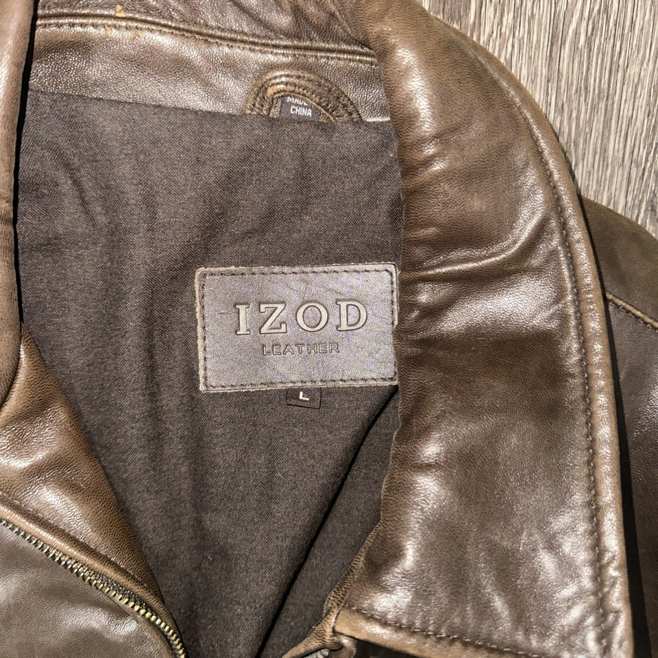 Chaqueta de cuero marrón IZOD para hombre talla L grande Foto 3 de 4