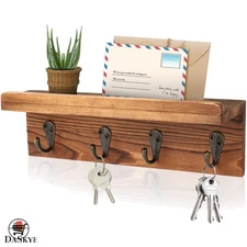 Handcrafted Rustic Key Holder - Farmhouse Wall Shelf with 4 Hooks for Entryway
