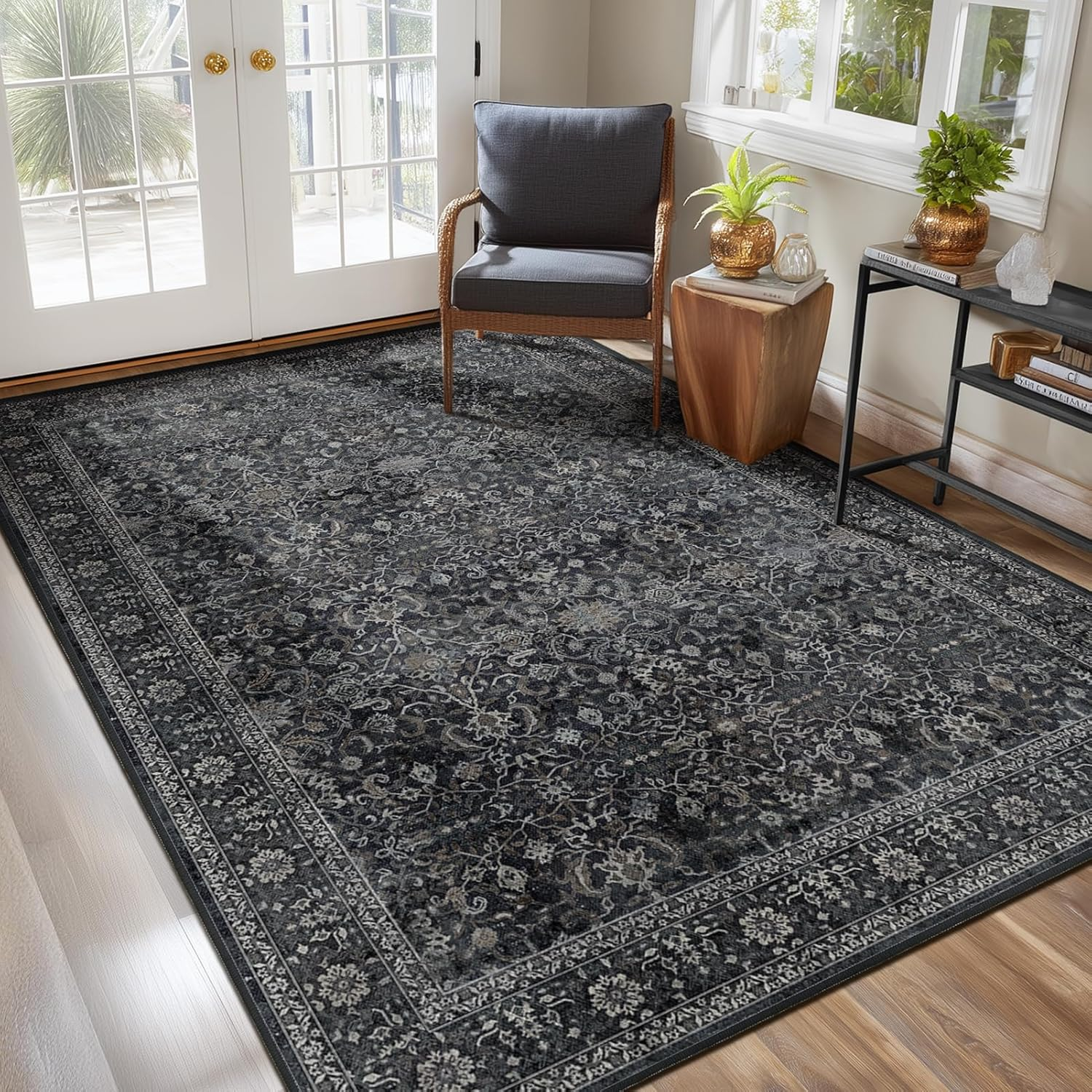 Charcoal 5X7 Area Rugs for Living Room Bedroom, Washable Non Slip Low Pile Thin
