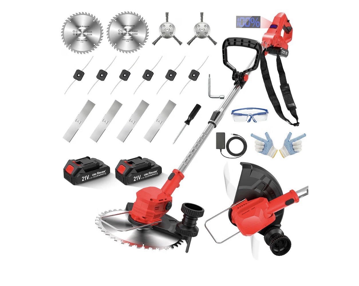 Cordless Strimmer 21V 2×2000mAh 14-Blade LCD Telescopic Adjustable Grass Trimmer