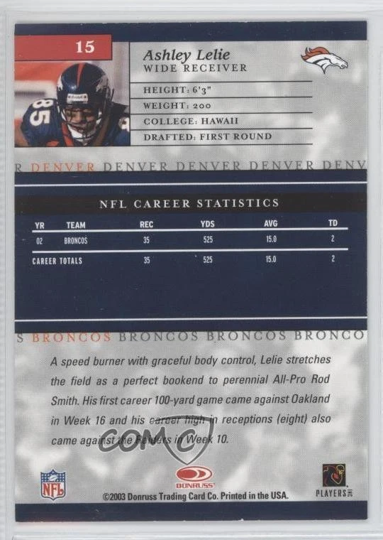 2003 Donruss Elite Sample Silver Ashley Lelie #15 - Image 2 of 2