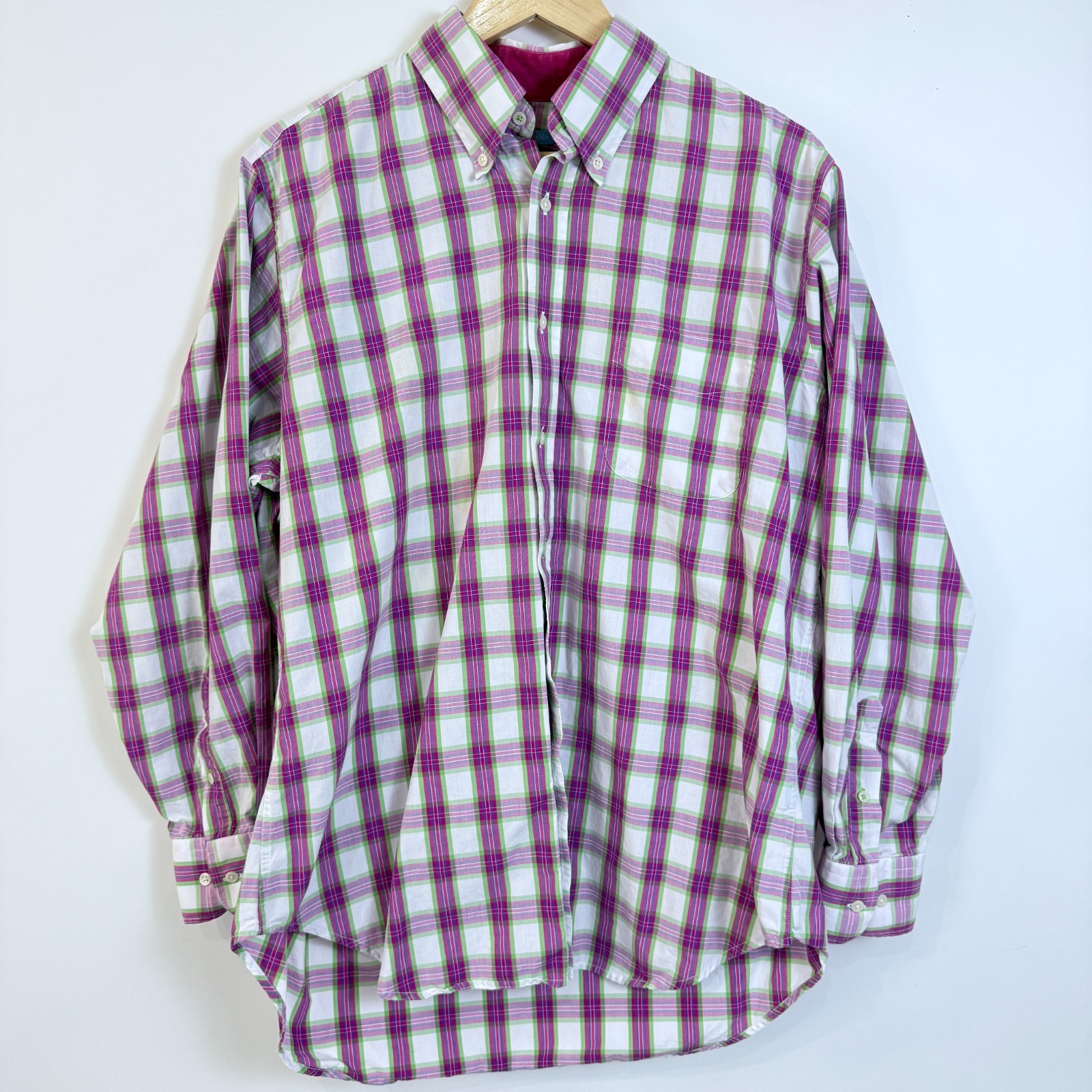 J. McLaughlin Plaid Button Down Shirt Mens L Pink White Cotton Chest Pocket