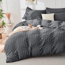 Dark Grey Duvet Cover Queen Size, Ultra Soft 3-Piece Seersucker Duvet Cover Set