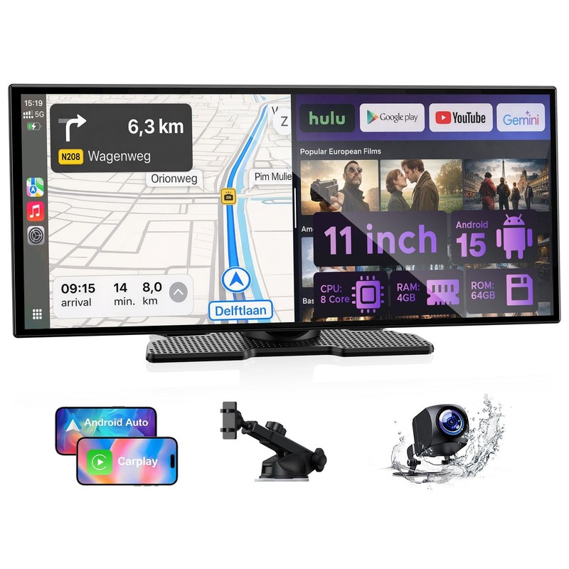 LAMTTO 11" AI Carplay Screen with Gemini AI & Download APP, Built-in GPS 8-Core