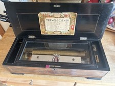 Antique Swiss 10 Song Zither Cylinder Music Box Wood Case Tested WORKS Great NR