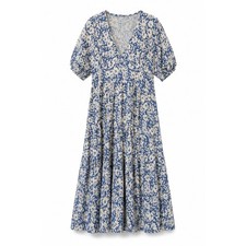 Zara Blue & Cream Floral Puff Sleeve Tiered Midi Dress Size S