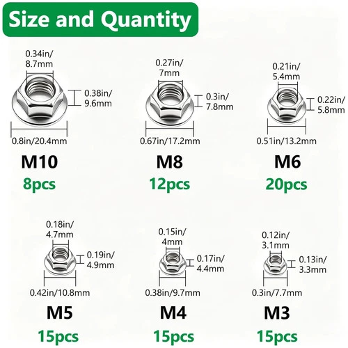 85PCS 6 Metric Sizes 304 Stainless Steel Hex Flange Nuts Assortment Kit-M3 M4 M5 image 2