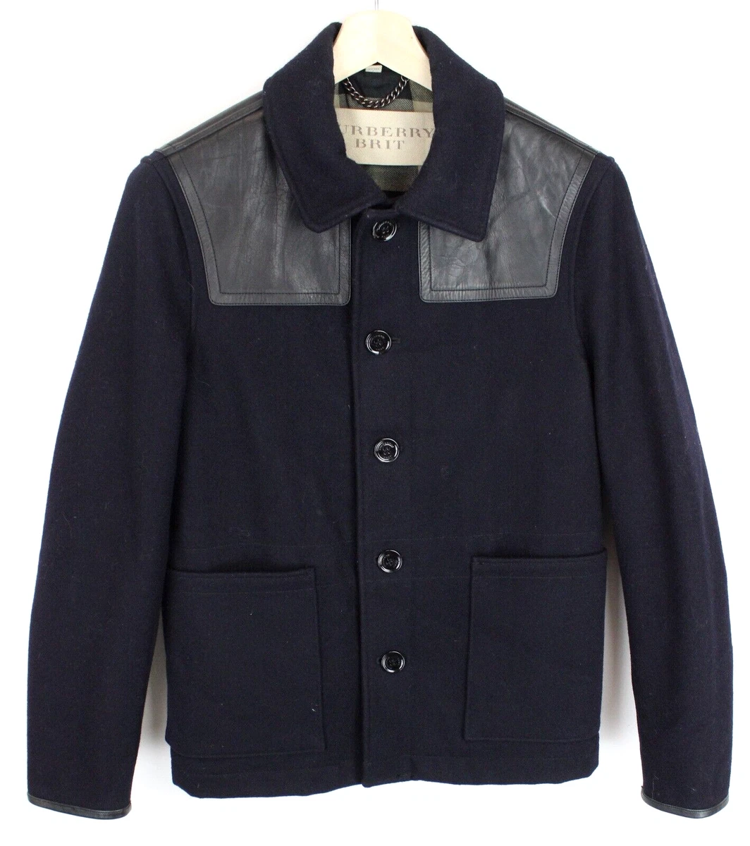 Burberry Donkey Manteau Homme Petit Laine M lange Cuir Bord Patch Boutons Bleu
