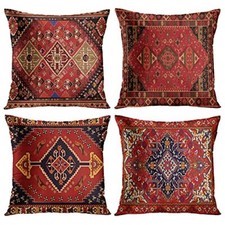 Set of 4 Throw Pillow Covers Tribal Abstract Red and Black Vintage Carpet Pat...
