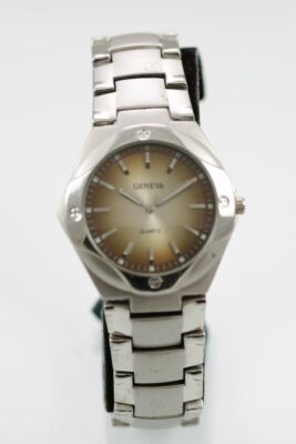 Geneva Men Watch Stainless Steel Silver Water Resistant Battery Brown Quartz