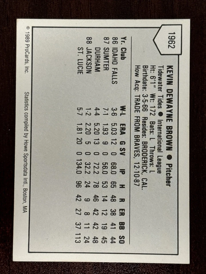 1989 Tidewater Tides ProCards #1962 Kevin Brown Tidewater Tides AUTO AUTOGRAPH - Image 2 of 2
