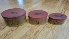 Lot of 3 Antique 1865 primitive hand painted oval cardboard boxes
