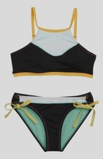  42 Hobie Girls Black Color-Block Stitched Halter Two-Piece Bikini Swimwear Sz 7