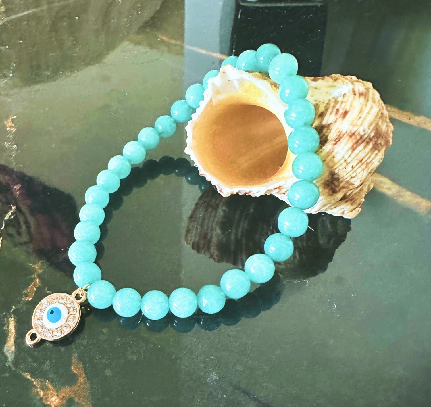 Pulsera Espiritual Amazonita con Protección Dije Mal de Ojos.