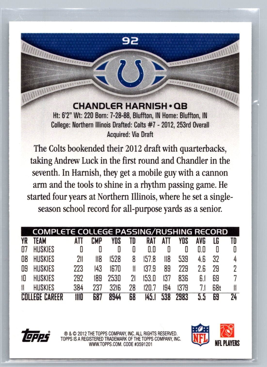 92 Colts 2012 TOPPS ROOKIE CARD # 92 Chandler Harnish - Indianapolis Colts | eBay