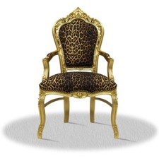Barockstuhl Stuhl Leopard Gold Armlehne Esszimmer Wohnzimmer Thron Premium TOP