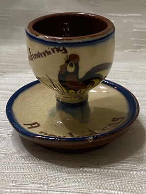 Hand painted Pottery Egg Cup Rooster  Good morning- A New laid egg  2.75 T