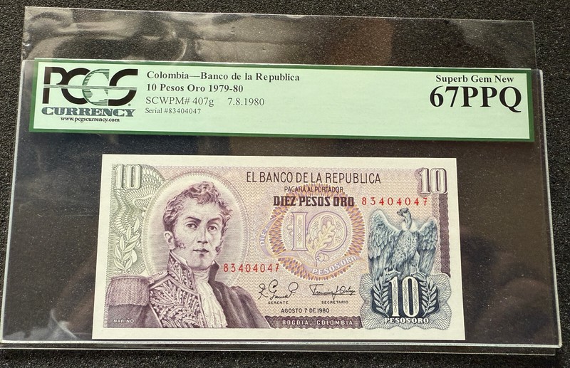 1979-80.  Colombia  10 Pesos Oro  PCGS 67