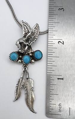 Robert Becenti Navajo Sterling Silver Turquoise Eagle Feather Pendant 