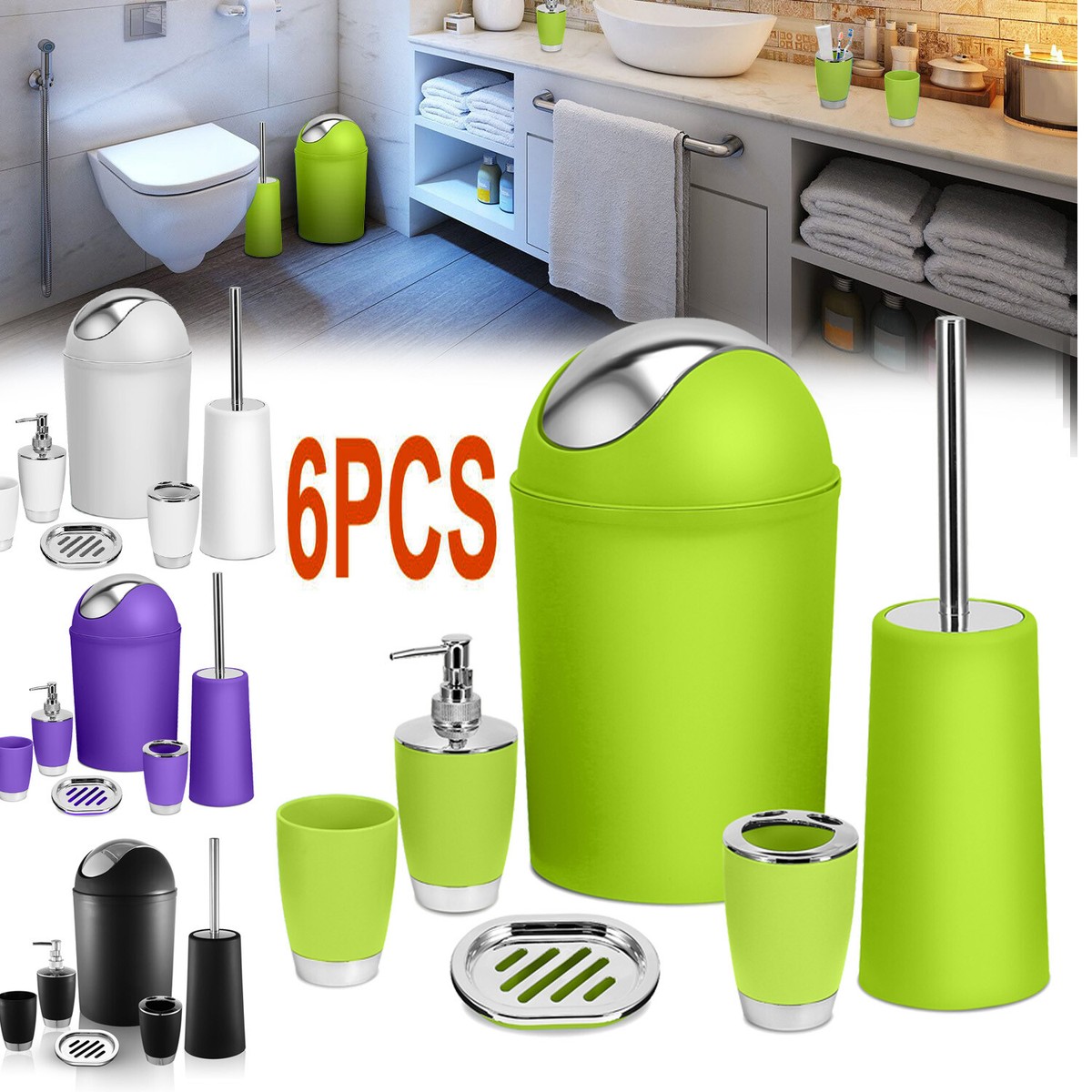 6-Piece Bathroom Accessories Set - Trash Can, Toilet Brush, Soap Dispenser, Toothbrush Holder (Green)-438875
