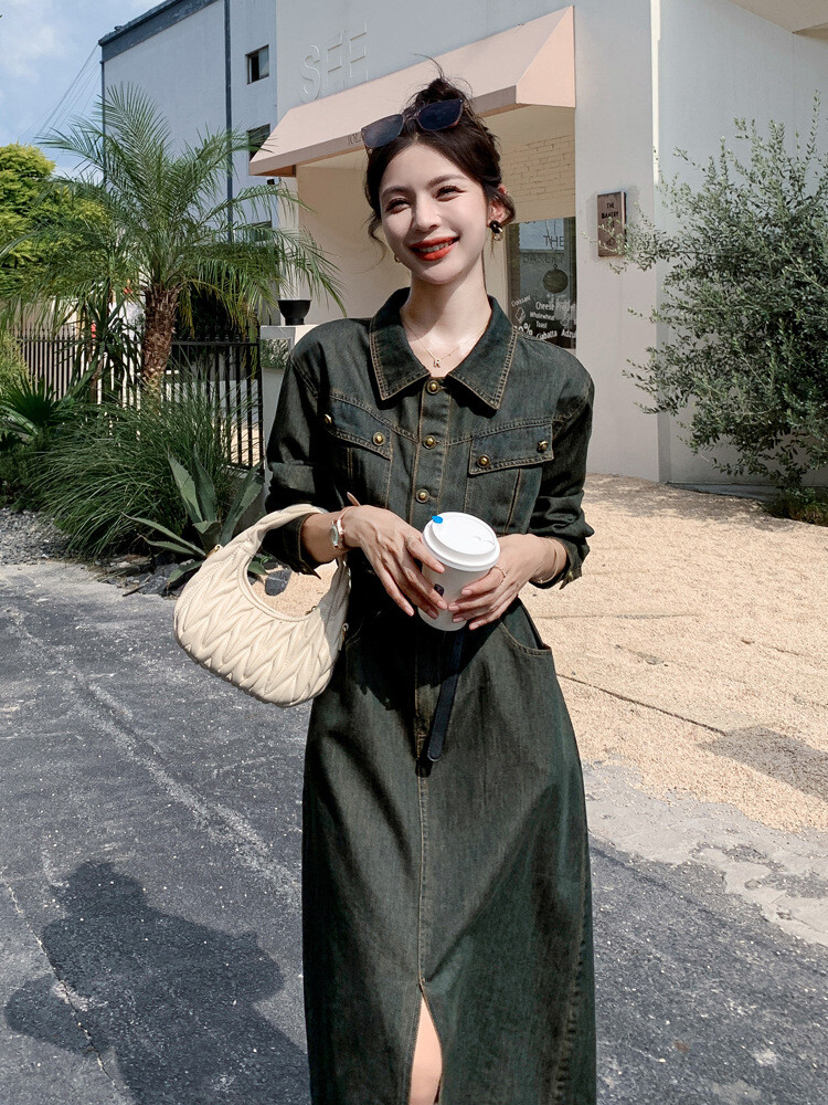 green denim shirt dress Olive Green Denim Button Front Mini Dress - All Dresses
